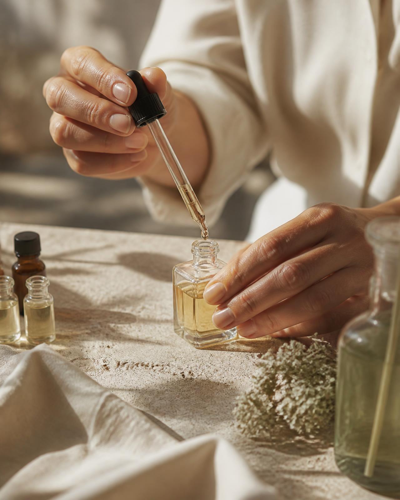 Perfumer's hands adding oils to a bottle in warm daylight
