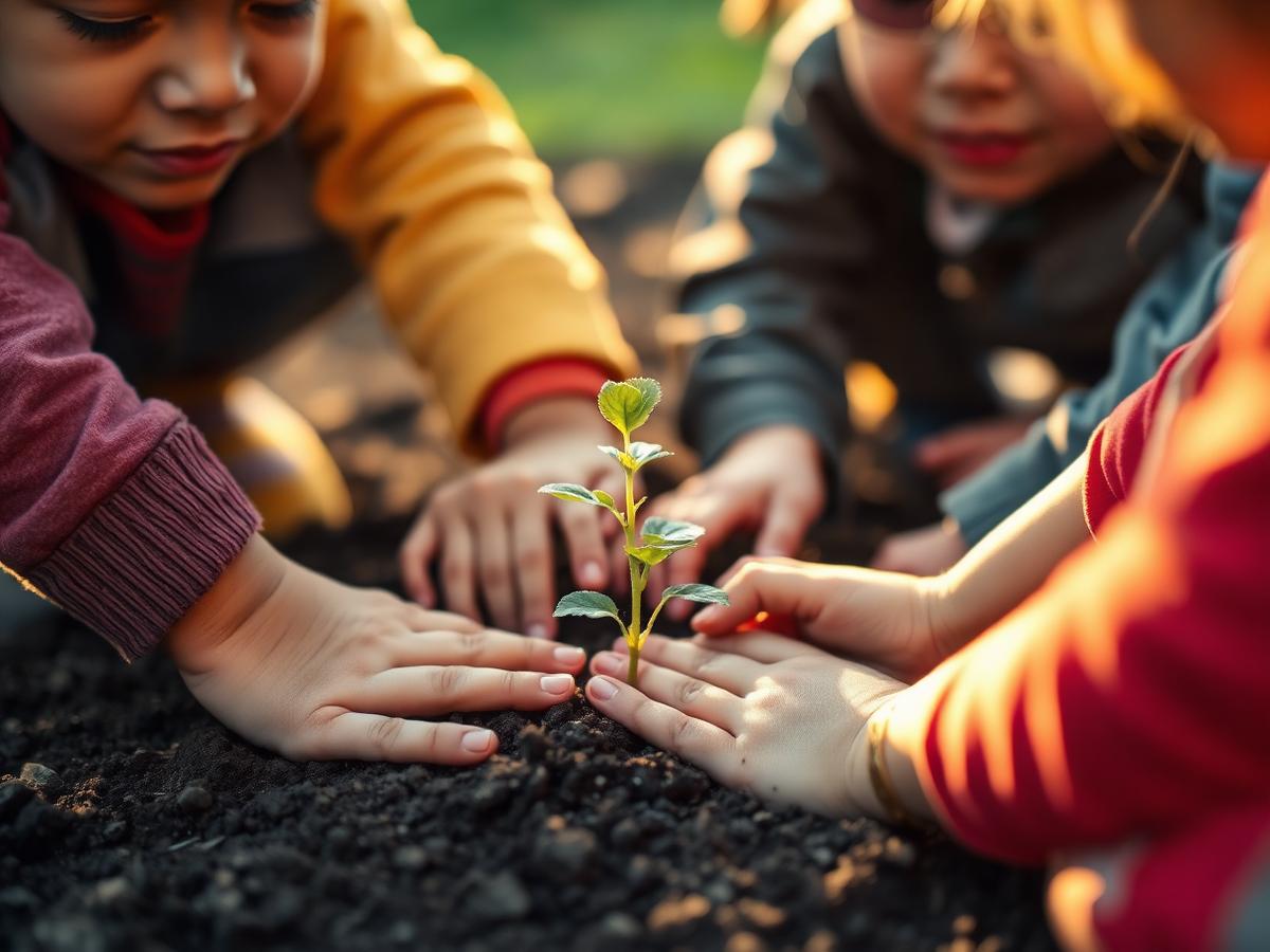 Children planting a seedling together in warm sunlight